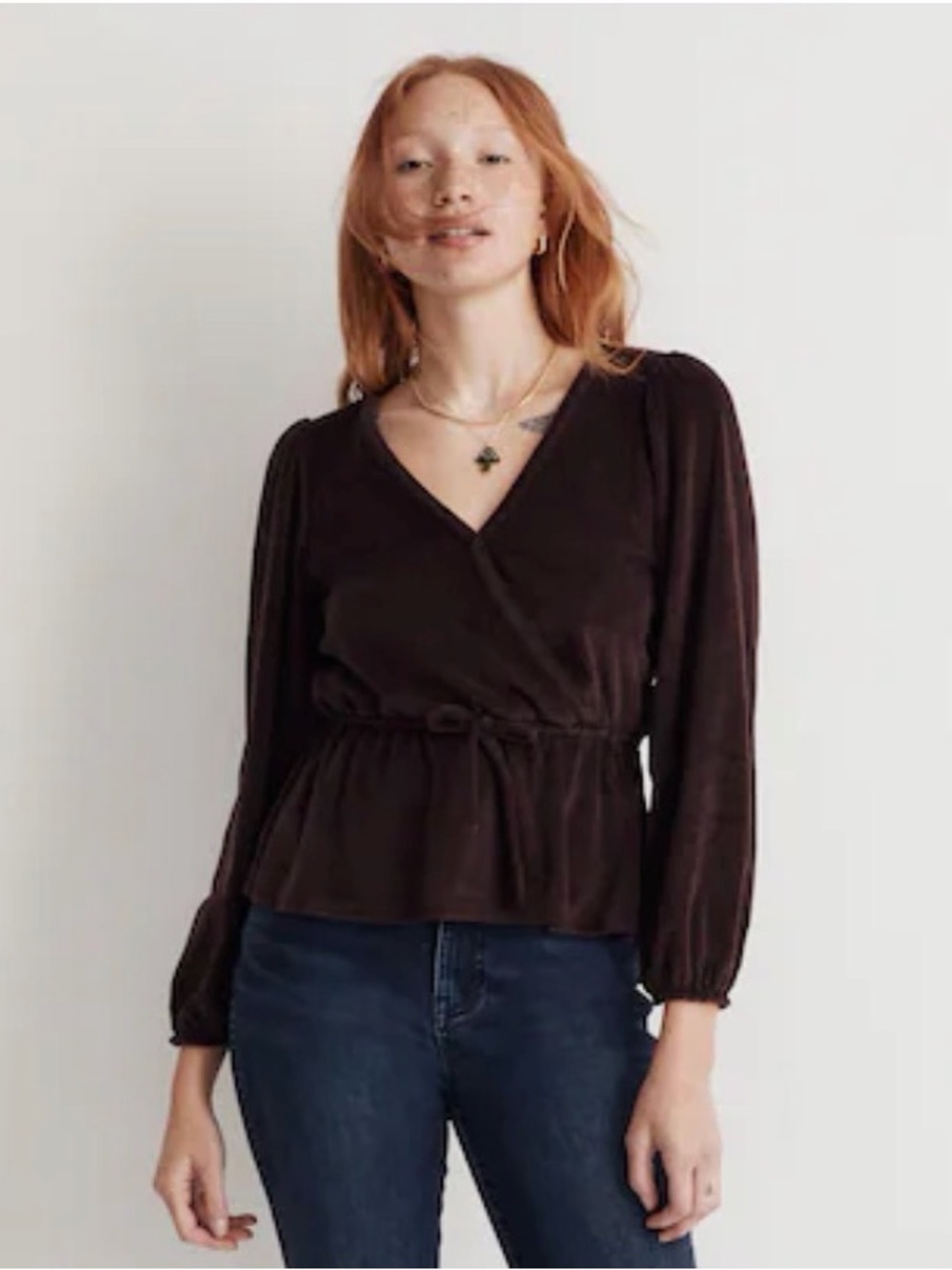 NWT Madewell Corduroy Tie-Front Faux-Wrap Top in Spiced Raisin